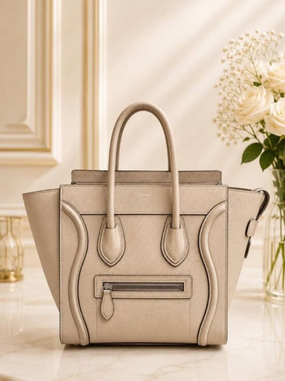 Authentic Celine Micro Luggage Tote Beige Leather Handbag Satchel Bag